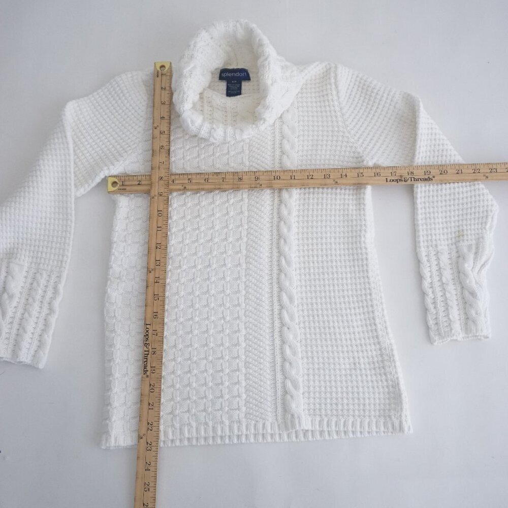 Vintage Splendor White Honeycomb Knit 100% Cotton Turtleneck Fisherman Sweater S